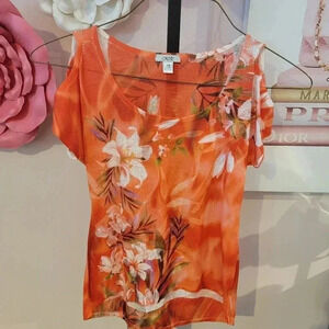 Cache Cold Shoulder Orange Floral Embellished TShirt